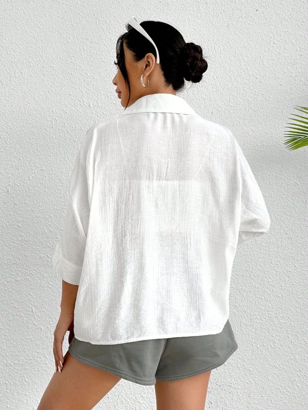 Spring White Solid Batwing Sleeve White Shirt