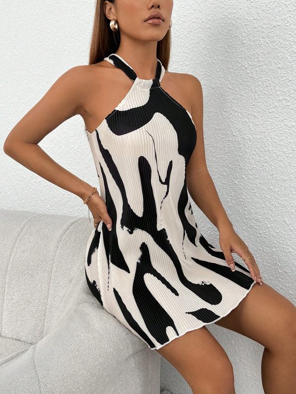 Graphic Print Lettuce Trim Halter Short Summer Dress
