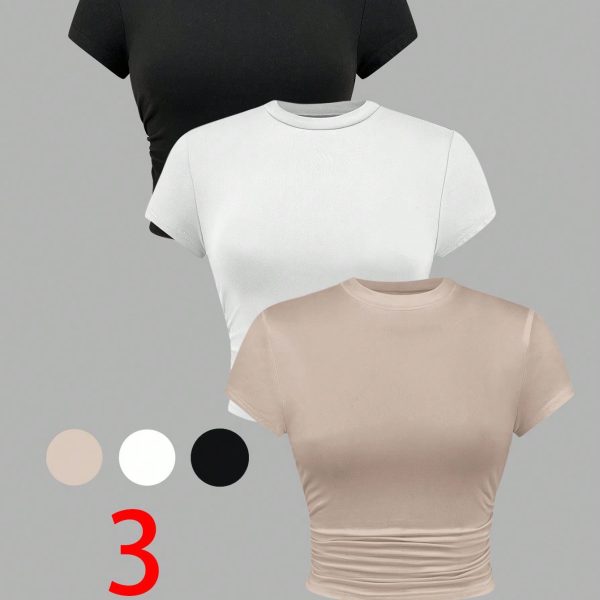 Summer 3pcs/Set Ladies' Pleated Short Sleeve T-Shirt