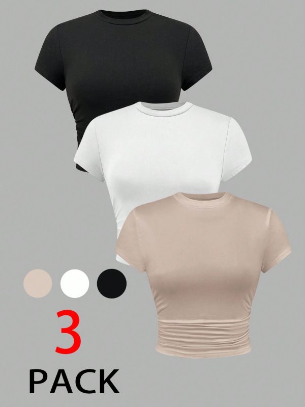 Summer 3pcs/Set Ladies' Pleated Short Sleeve T-Shirt