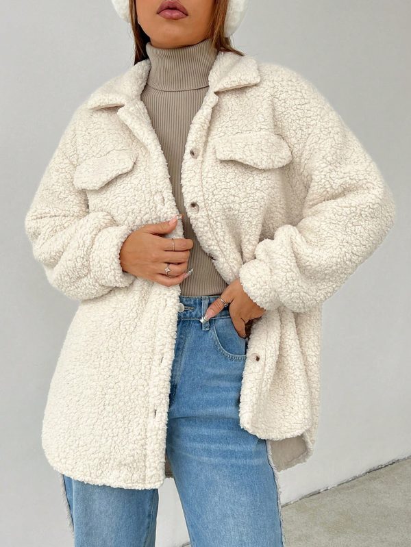 Dropped Shoulder Flap Detail Teddy Fur Coat