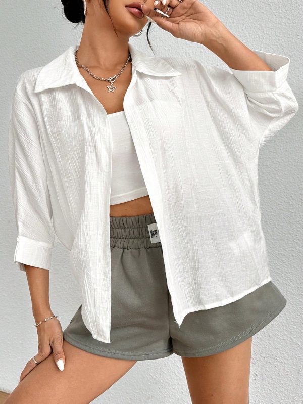 Spring White Solid Batwing Sleeve White Shirt