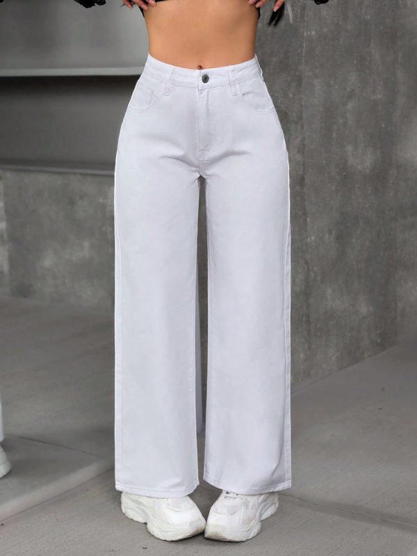 Women's Solid Color Front Button Pocket Simple Casual Denim Pants