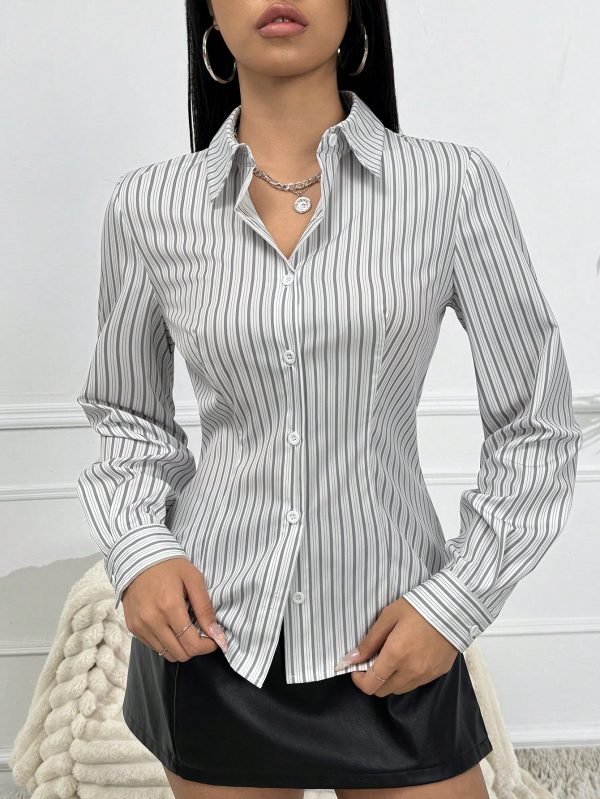 Women's Long Sleeve Striped Collared Button-Down Shirt, Blouse